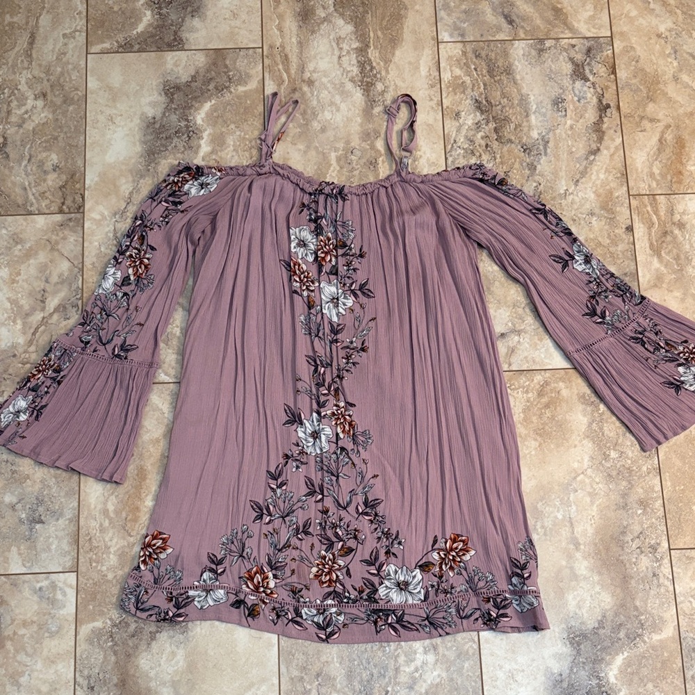 Plus Size Purple Floral Off the Shoulder Bell Sleeve Dress